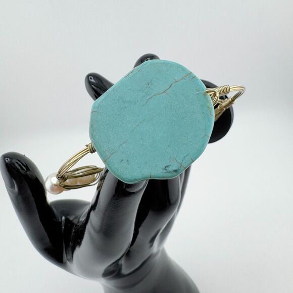Bohemian Wire Wrapped Bracelet Turquoise Color Stone Wood Faux Pearl Bangle - Picture 1 of 9